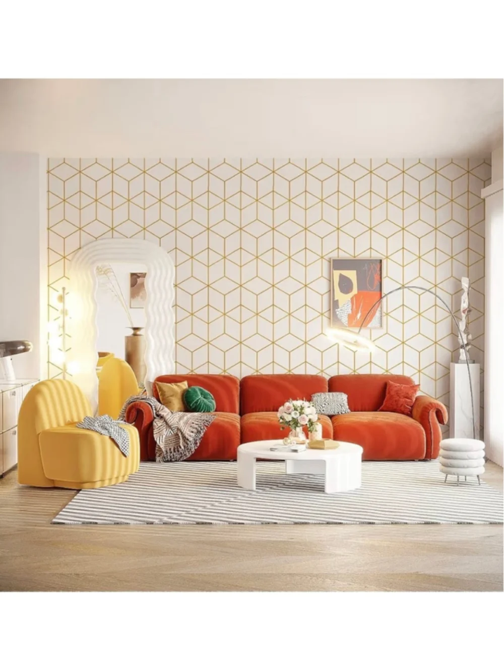 NEW Gold White Geometric Peel & Stick Adhesive Removable Wallpaper 17.3
